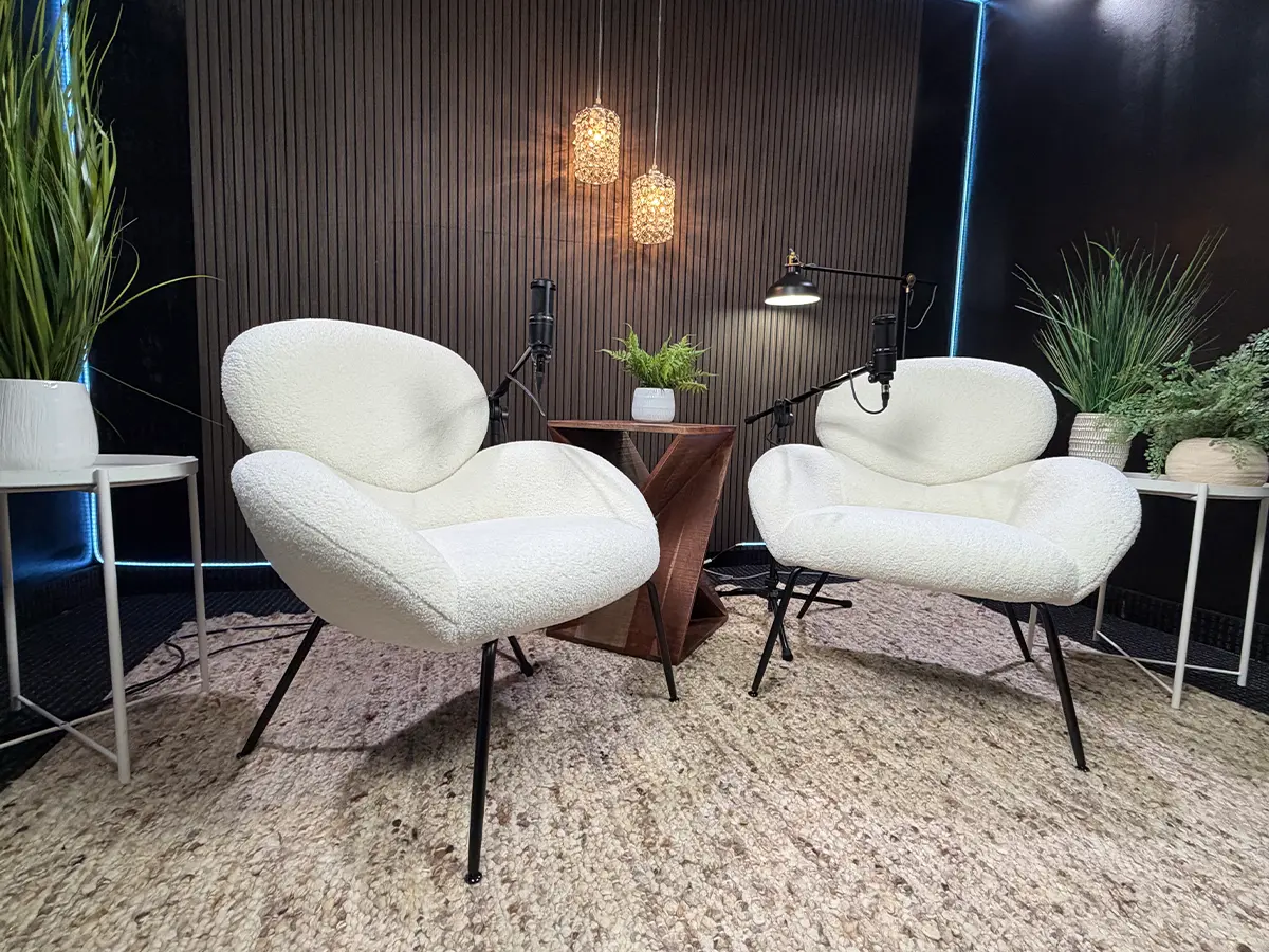 Modern two-chair podcast interview setup