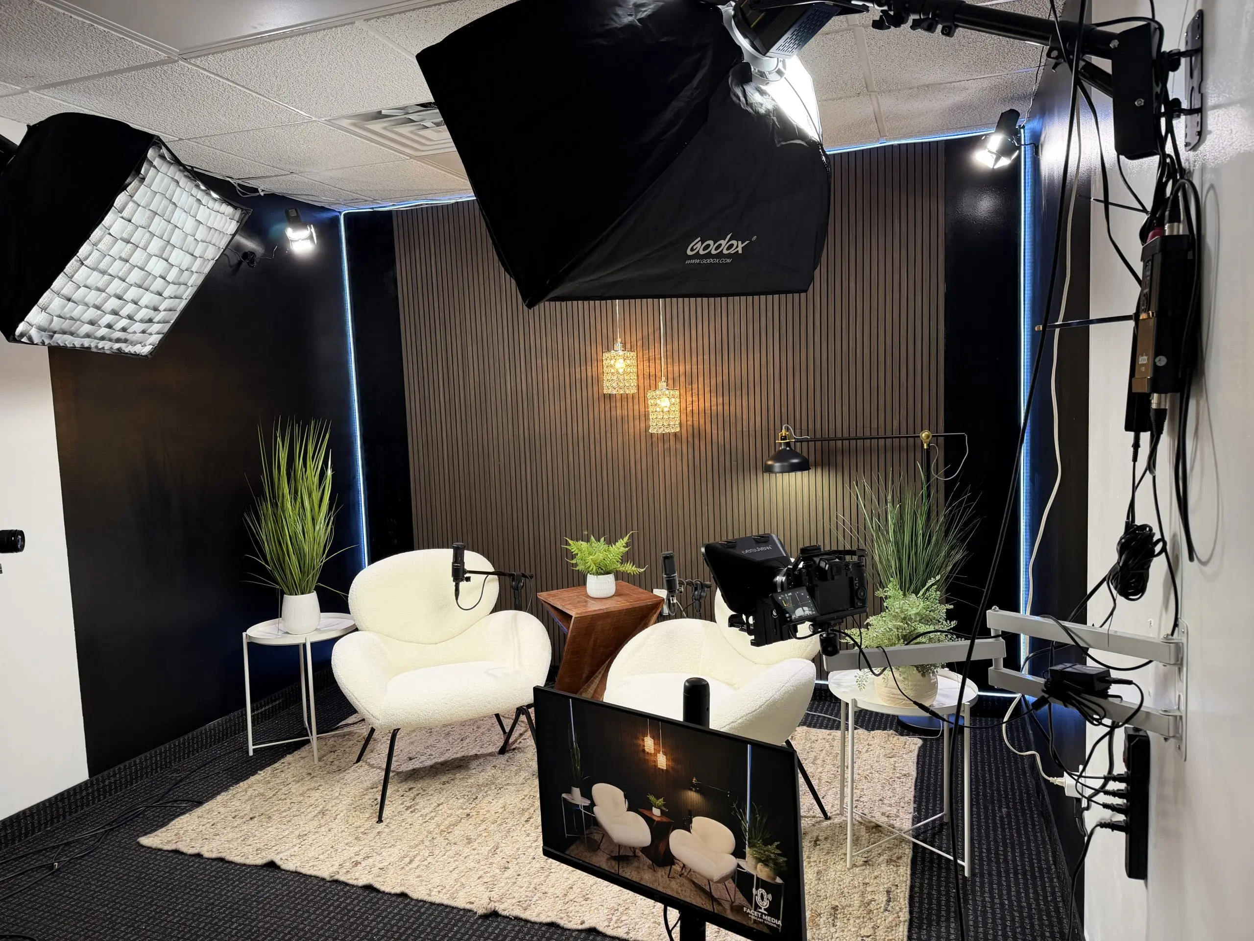 Professional video podcast studio with cameras