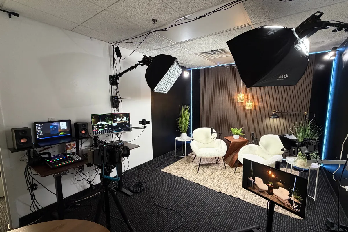 Professional podcast studio with cameras and lighting