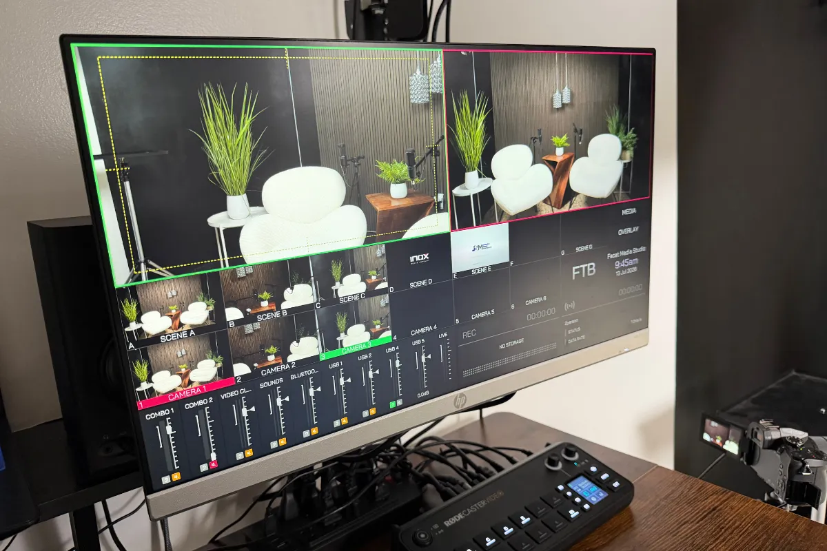 Podcast production monitor with multicamera controls