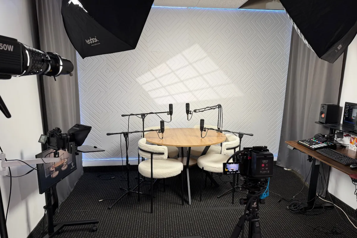 Professional podcast studio cameras and lighting