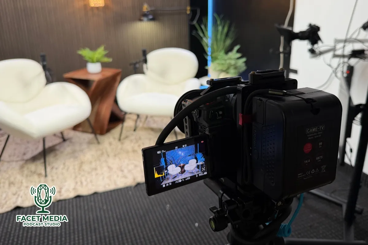 Podcast video camera filming a modern studio set