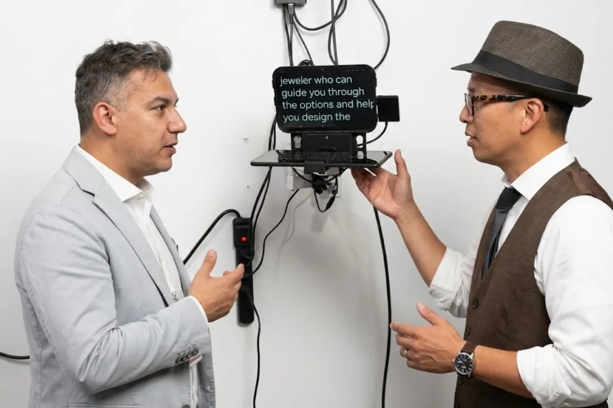 Two men conversing beside a small teleprompter