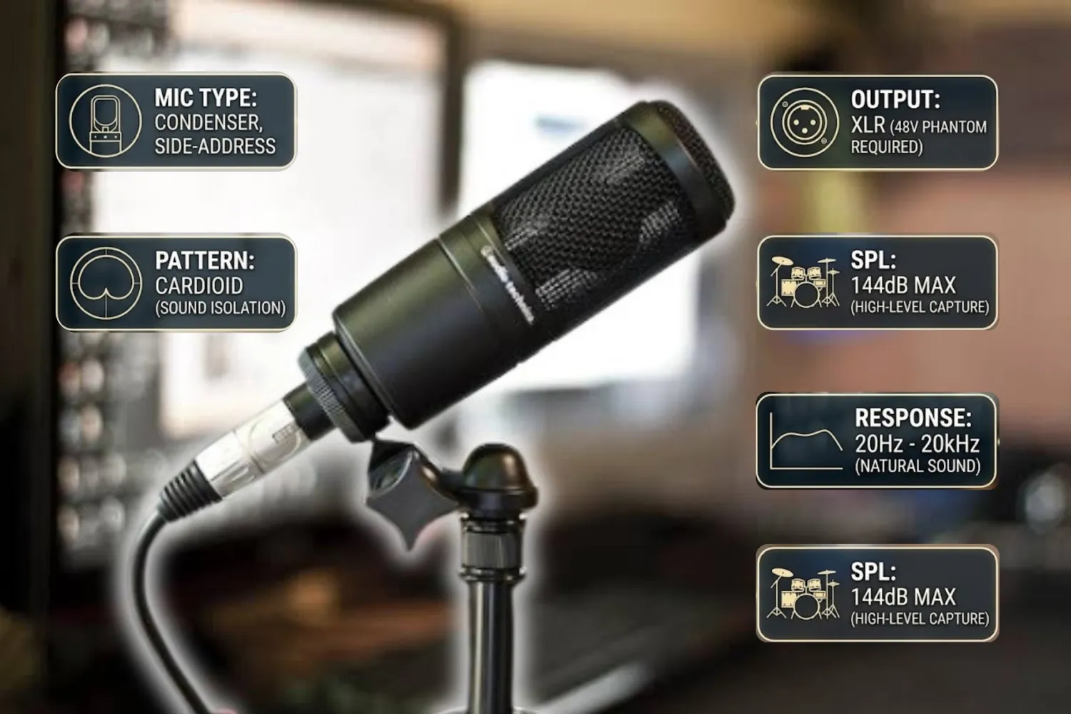 Close-up of a microphone with technical specs.