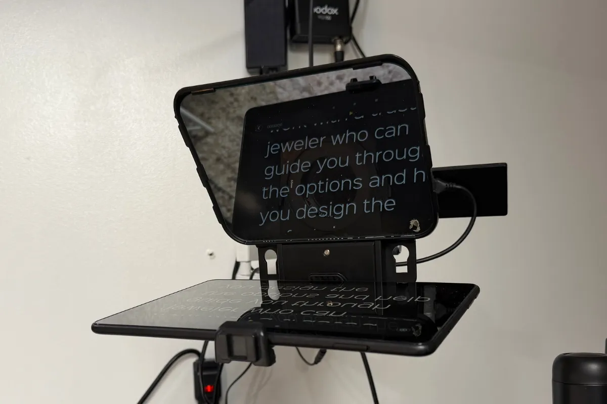 Close-up of a tablet teleprompter showing text