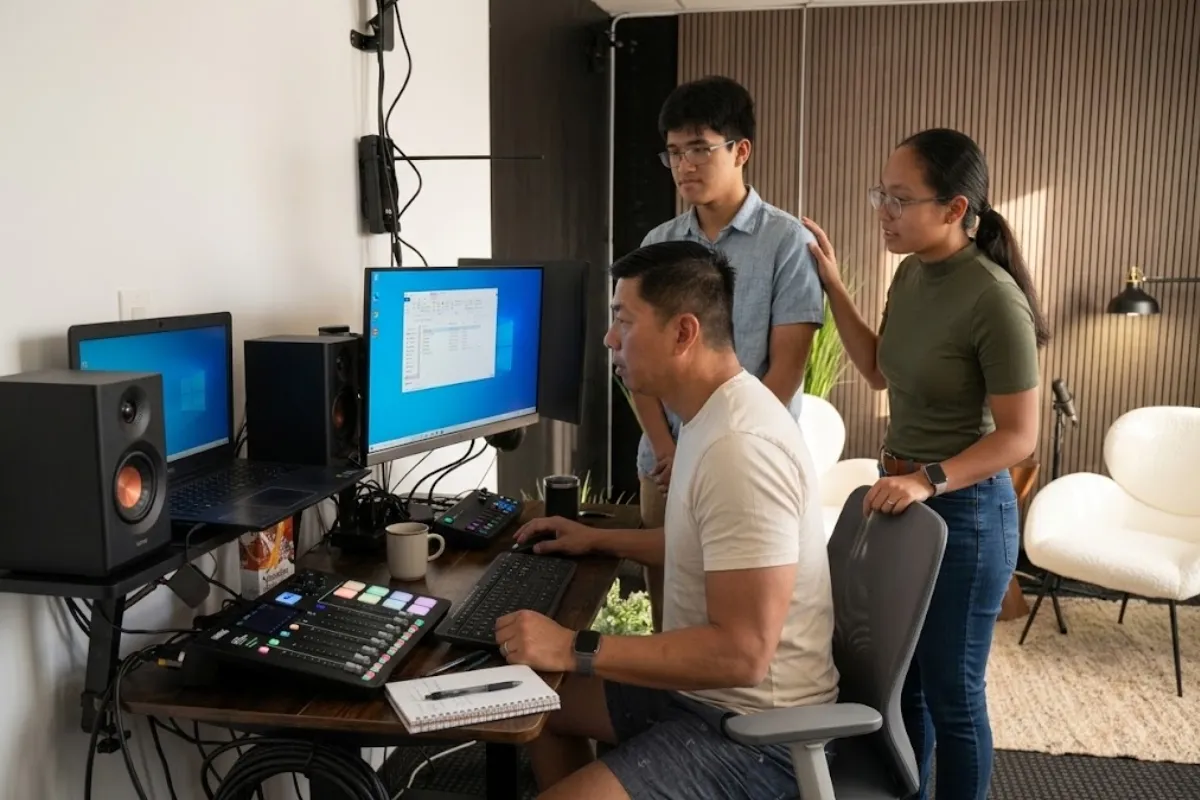 Three people reviewing media files at a studio desk.