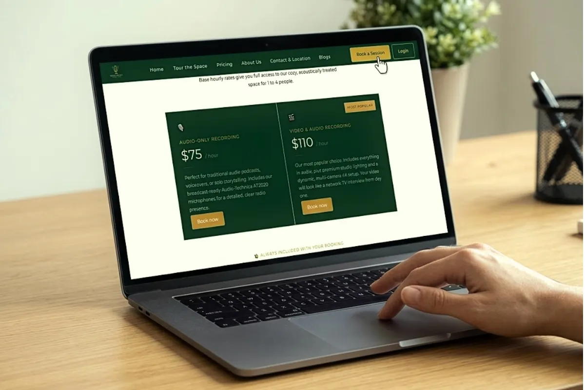 Laptop displaying podcast studio pricing page