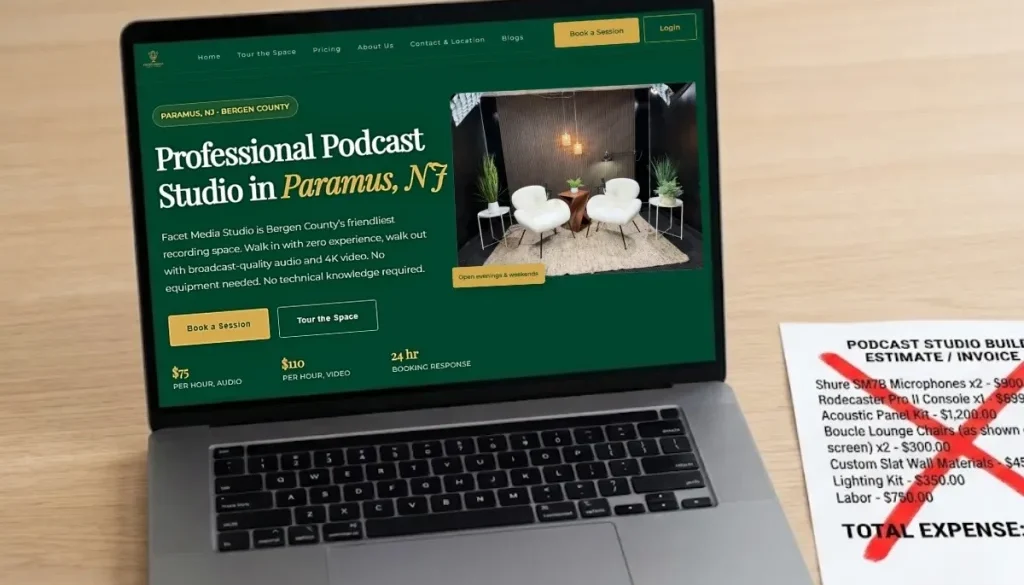 Laptop showing Facet Media Podcast Studio site