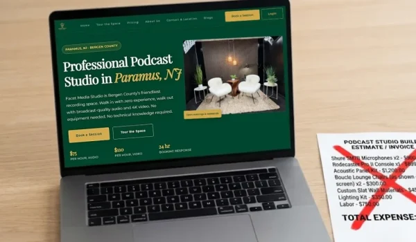 Laptop showing Facet Media Podcast Studio site