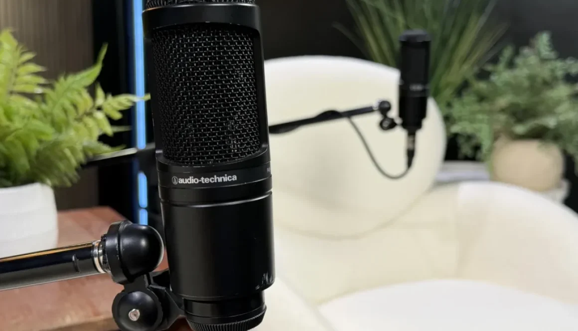 Black microphone near a white chair and plant.