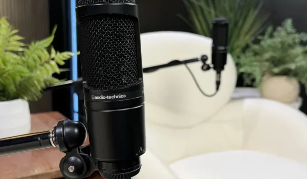 Black microphone near a white chair and plant.